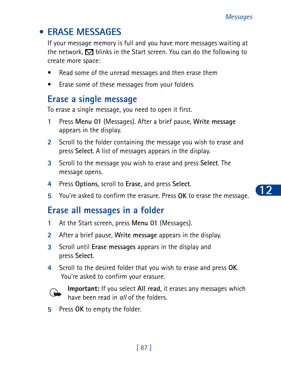 Erase messages, Erase a single message, Erase all messages in a folder | Nokia 6340 User Manual | Page 96 / 161