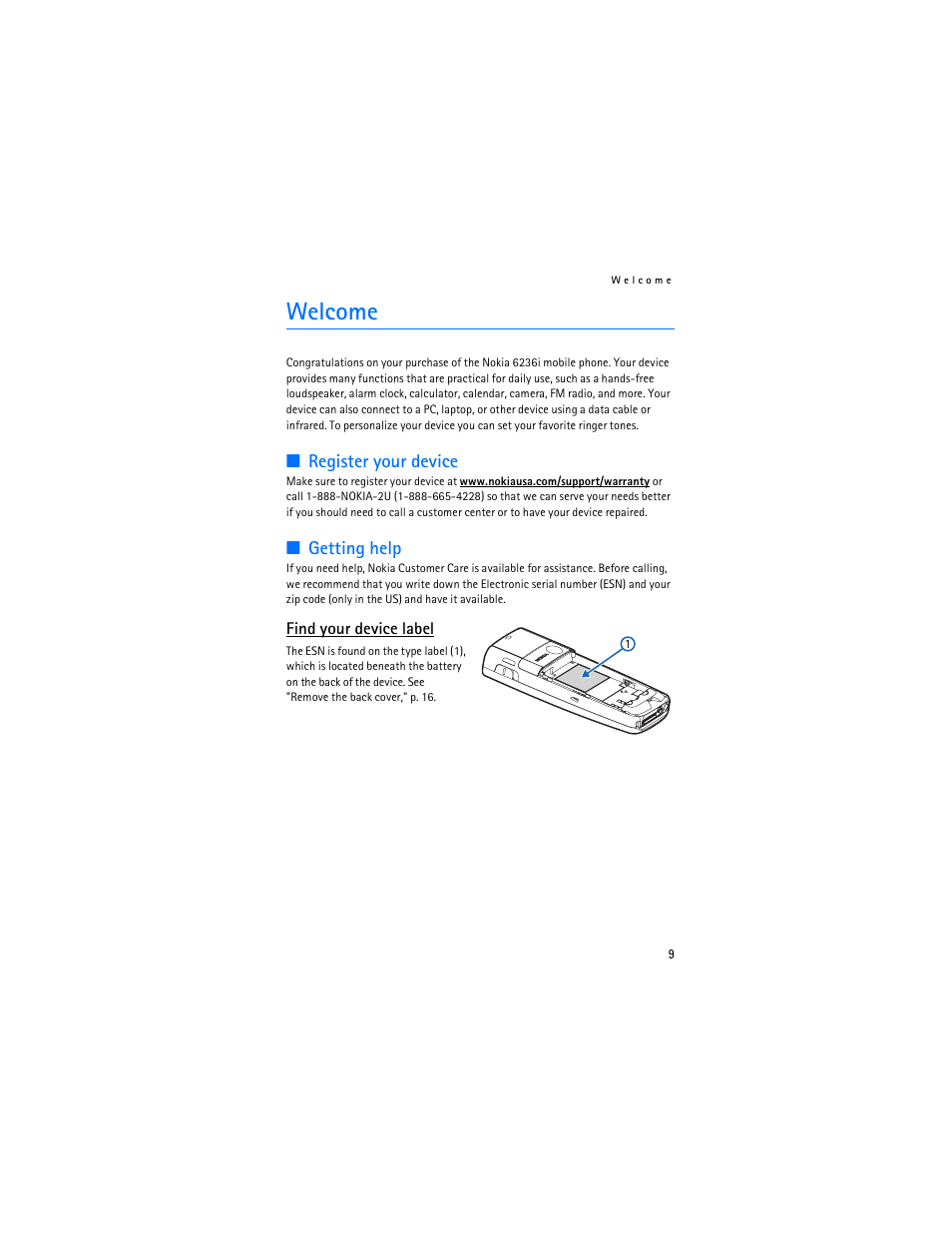 Welcome, Register your device, Getting help | Register your device getting help | Nokia 6236i User Manual | Page 10 / 109