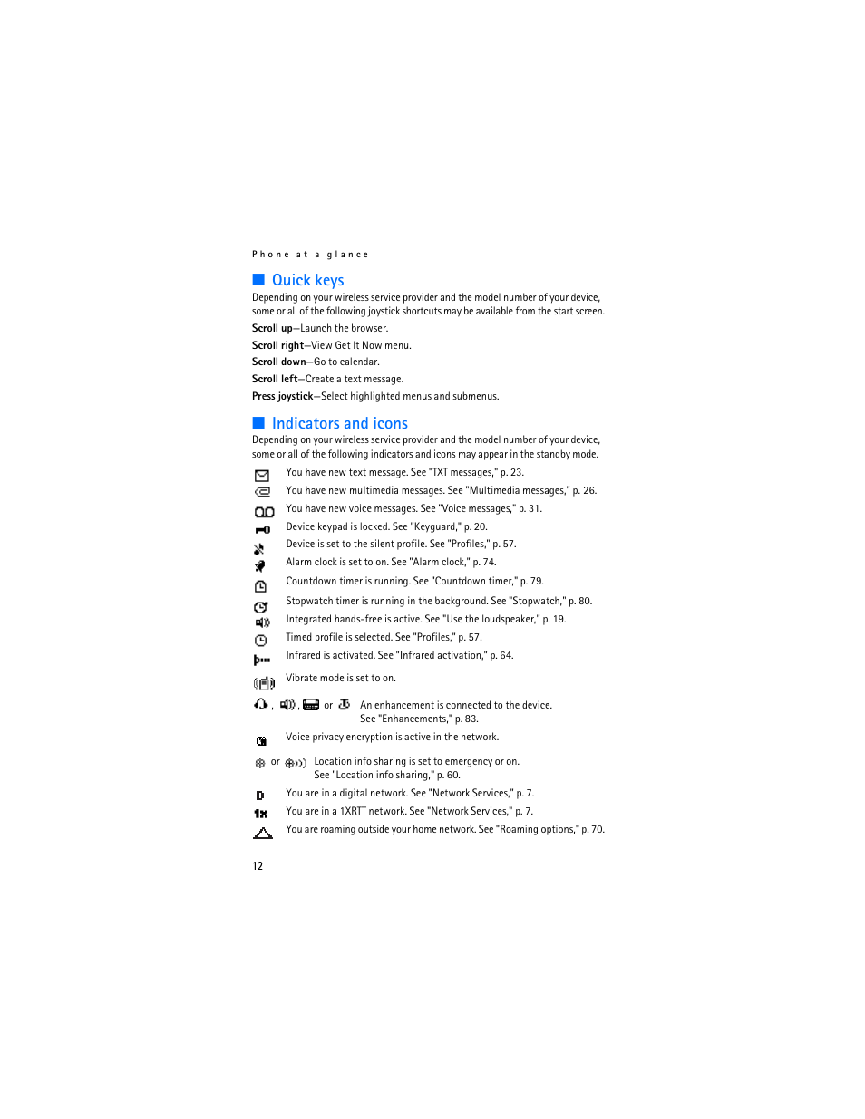Quick keys, Indicators and icons, Quick keys indicators and icons | Nokia 6236i User Manual | Page 13 / 109