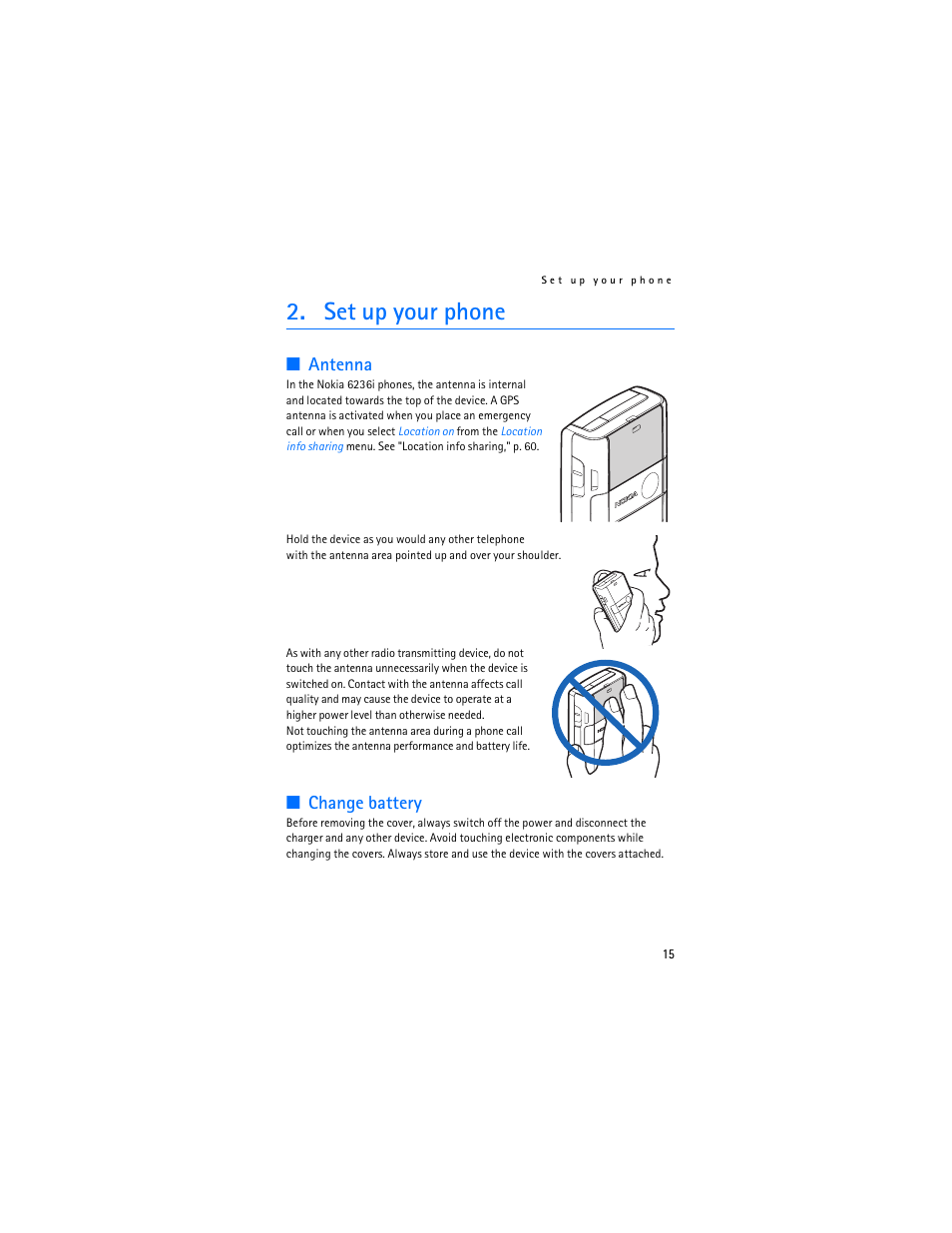 Set up your phone, Antenna, Change battery | Antenna change battery | Nokia 6236i User Manual | Page 16 / 109