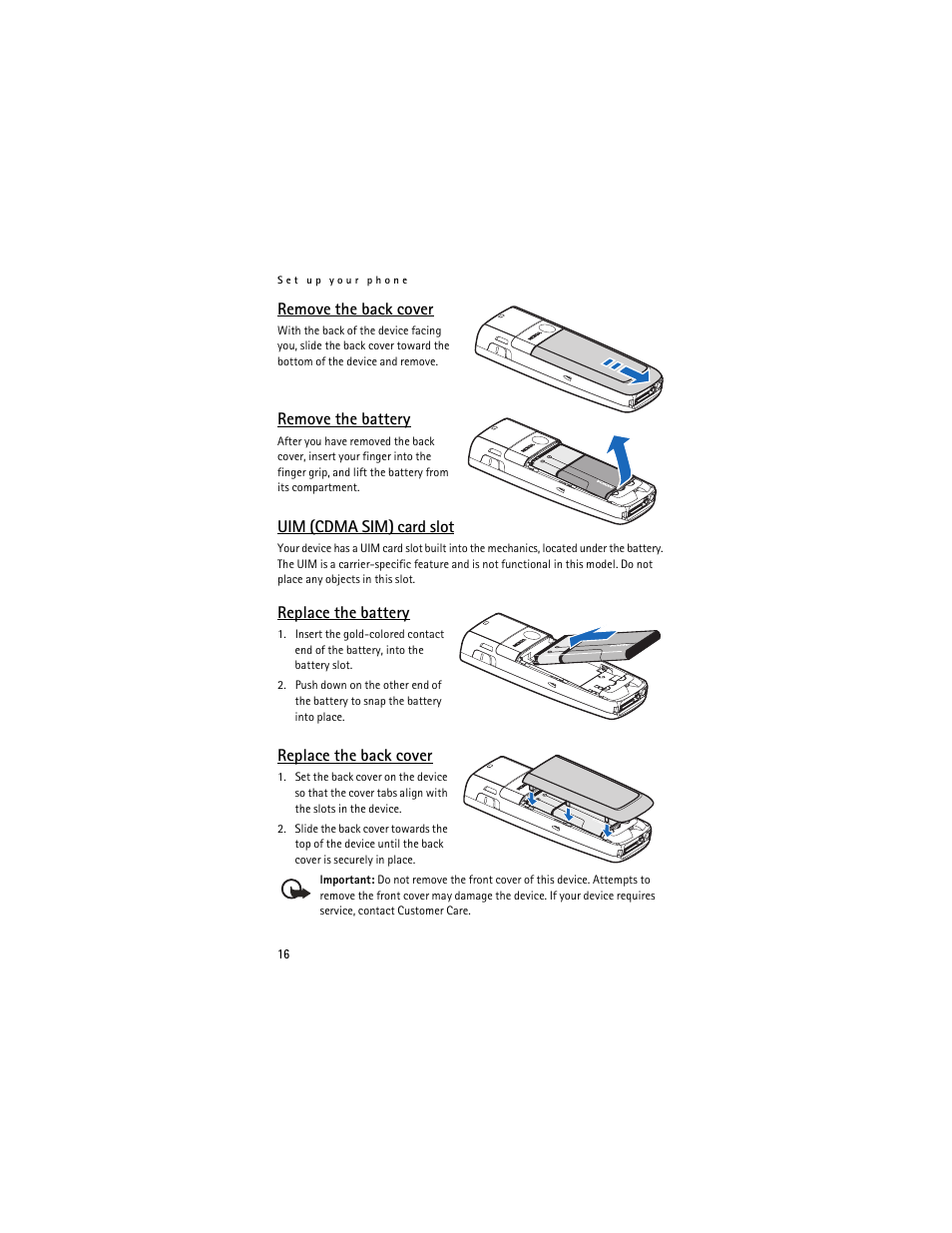 Remove the back cover, Remove the battery, Uim (cdma sim) card slot | Replace the battery, Replace the back cover | Nokia 6236i User Manual | Page 17 / 109