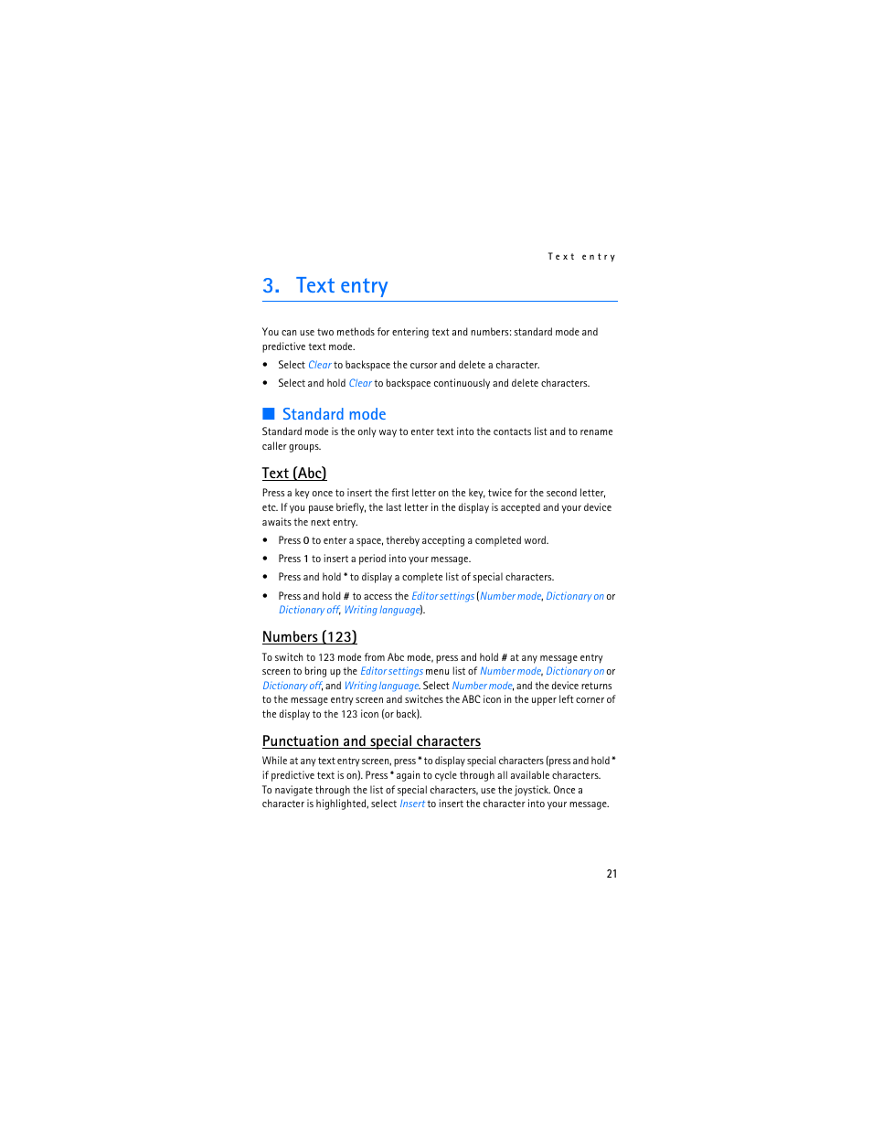 Text entry, Standard mode, Text (abc) | Numbers (123), Punctuation and special characters | Nokia 6236i User Manual | Page 22 / 109