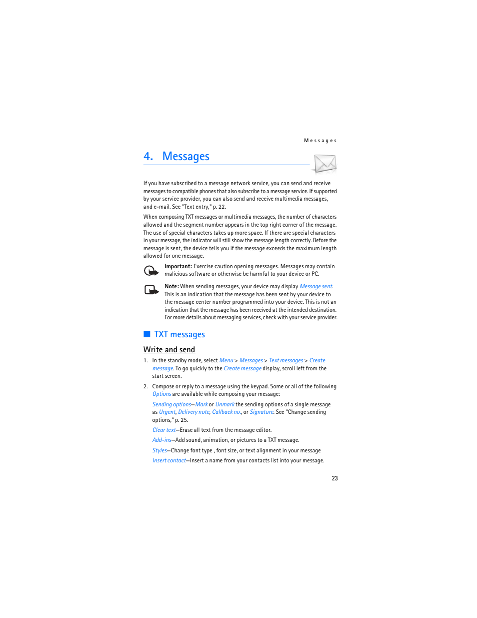 Messages, Txt messages, Write and send | Nokia 6236i User Manual | Page 24 / 109