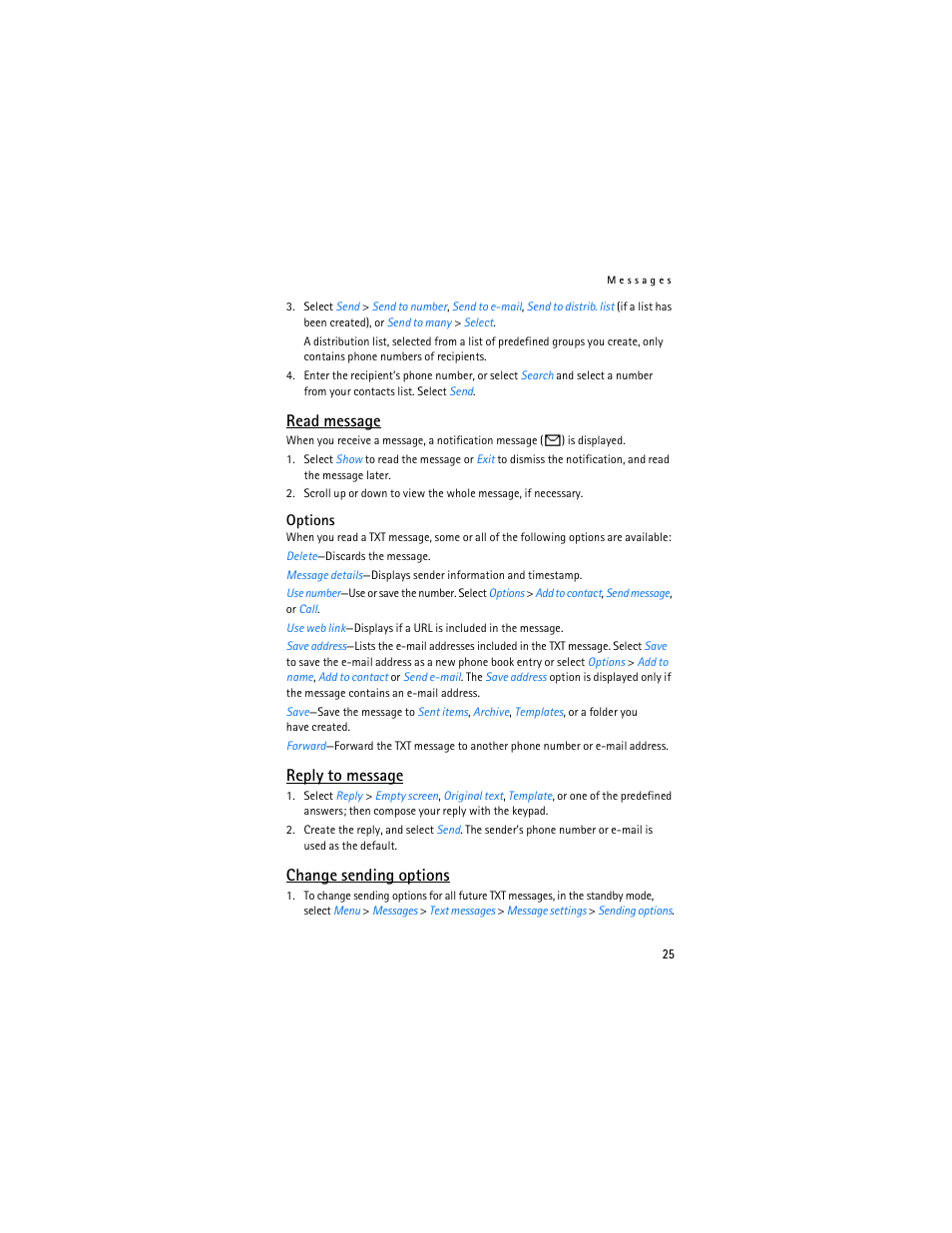 Change sending, Options," p. 25, Read message | Reply to message, Change sending options | Nokia 6236i User Manual | Page 26 / 109