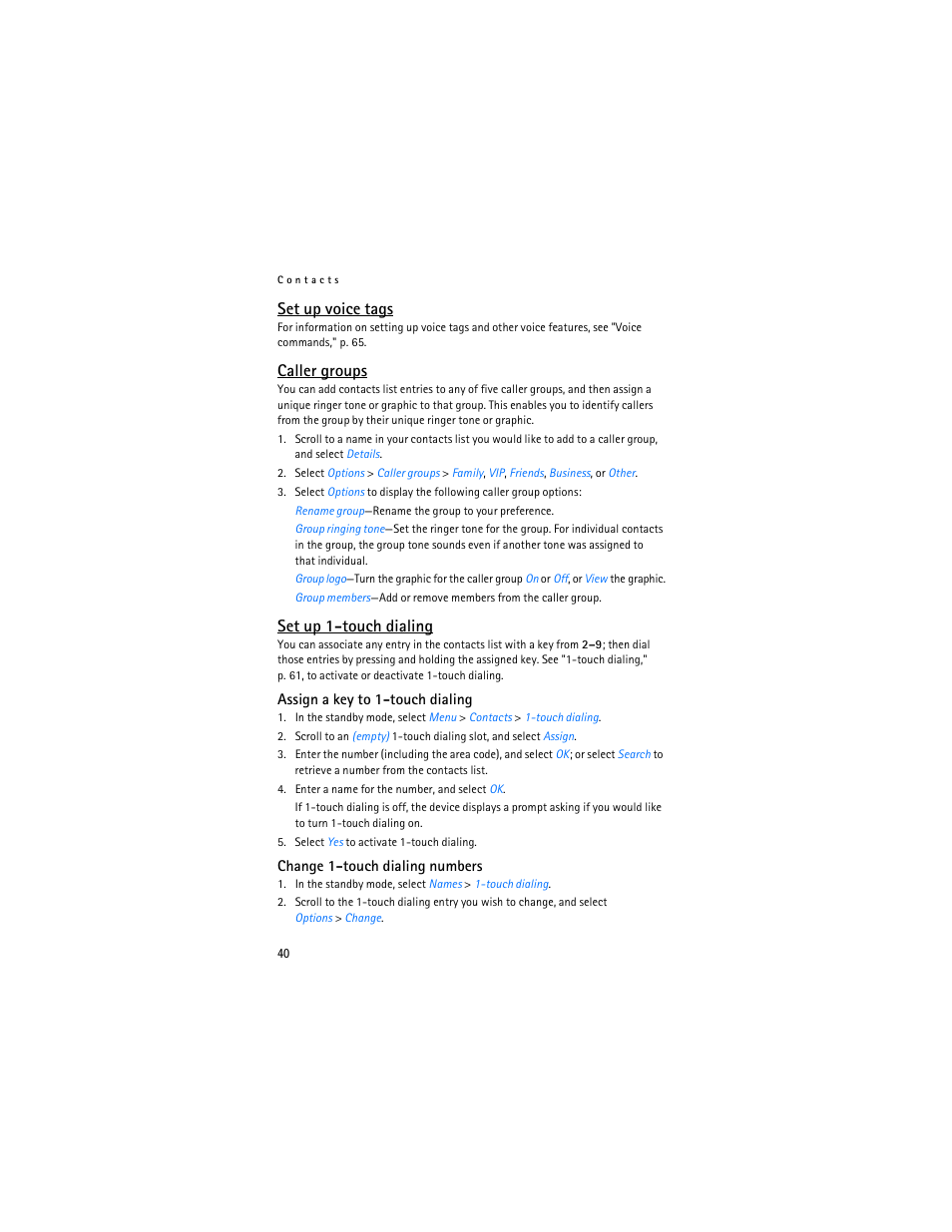Set up voice tags, Caller groups, Set up 1-touch dialing | Nokia 6236i User Manual | Page 41 / 109