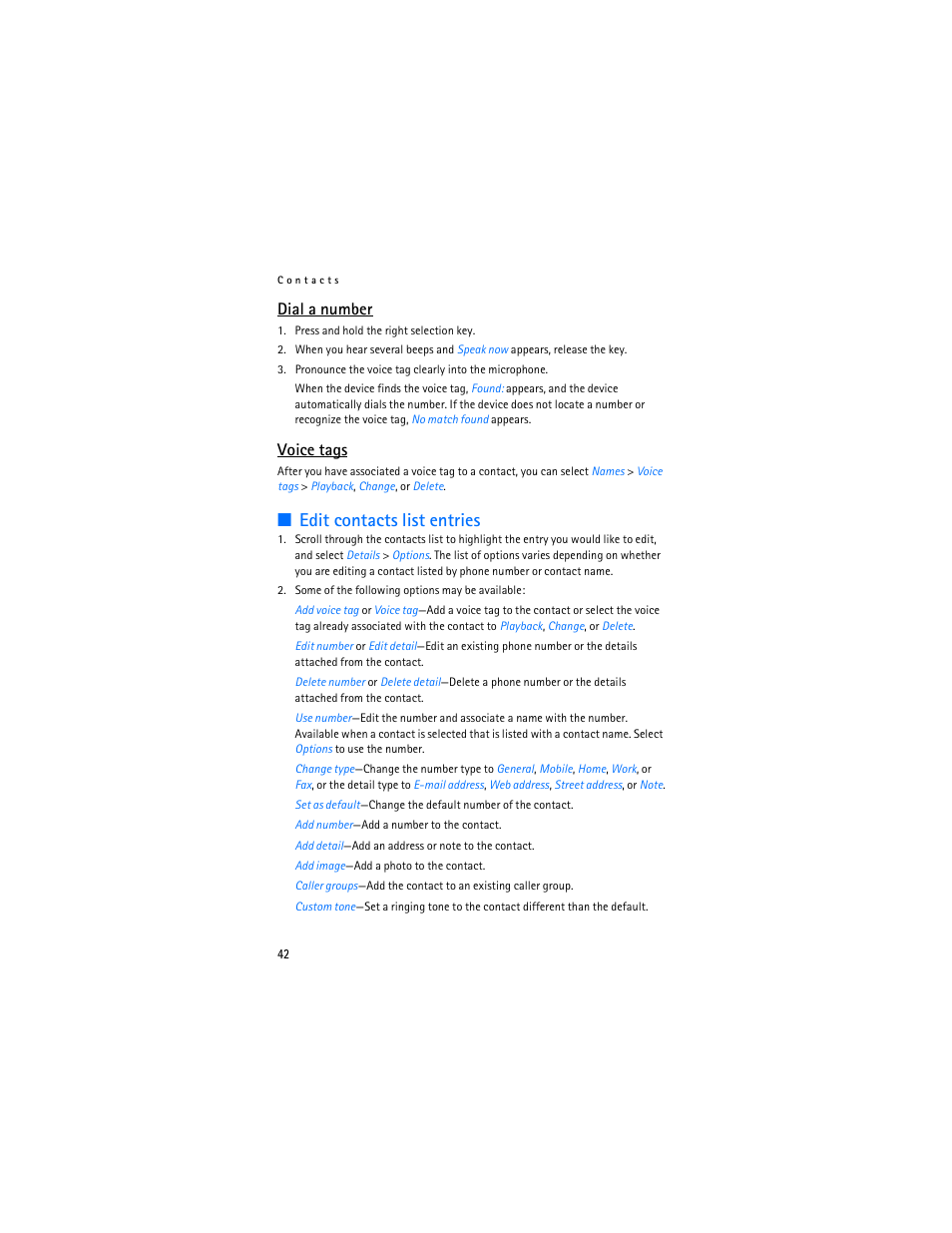 Edit contacts list entries, Dial a number, Voice tags | Nokia 6236i User Manual | Page 43 / 109