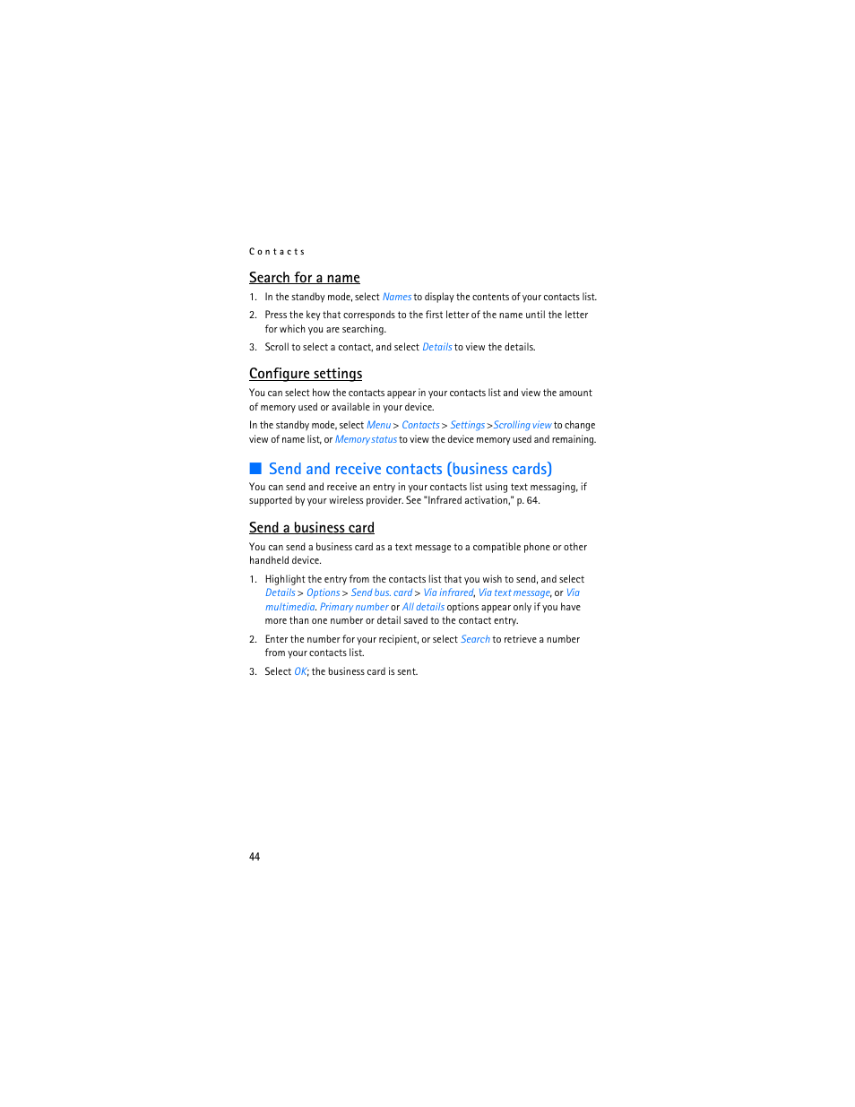 Send and receive contacts (business cards), Search for a name, Configure settings | Send a business card | Nokia 6236i User Manual | Page 45 / 109