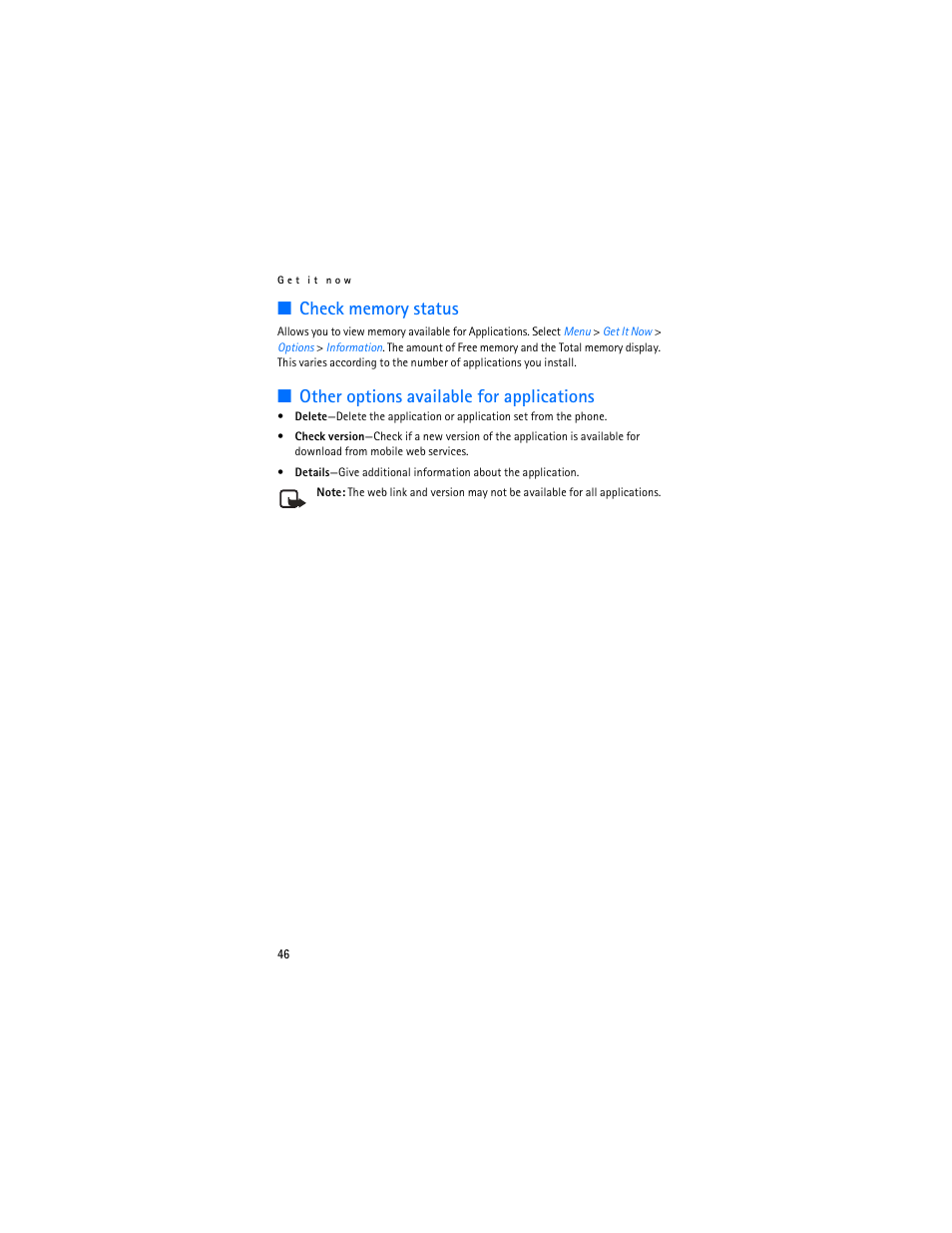 Check memory status, Other options available for applications | Nokia 6236i User Manual | Page 47 / 109