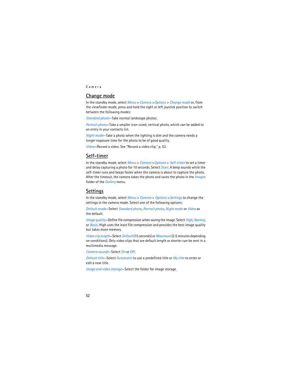 Change mode, Self-timer, Settings | Nokia 6236i User Manual | Page 53 / 109