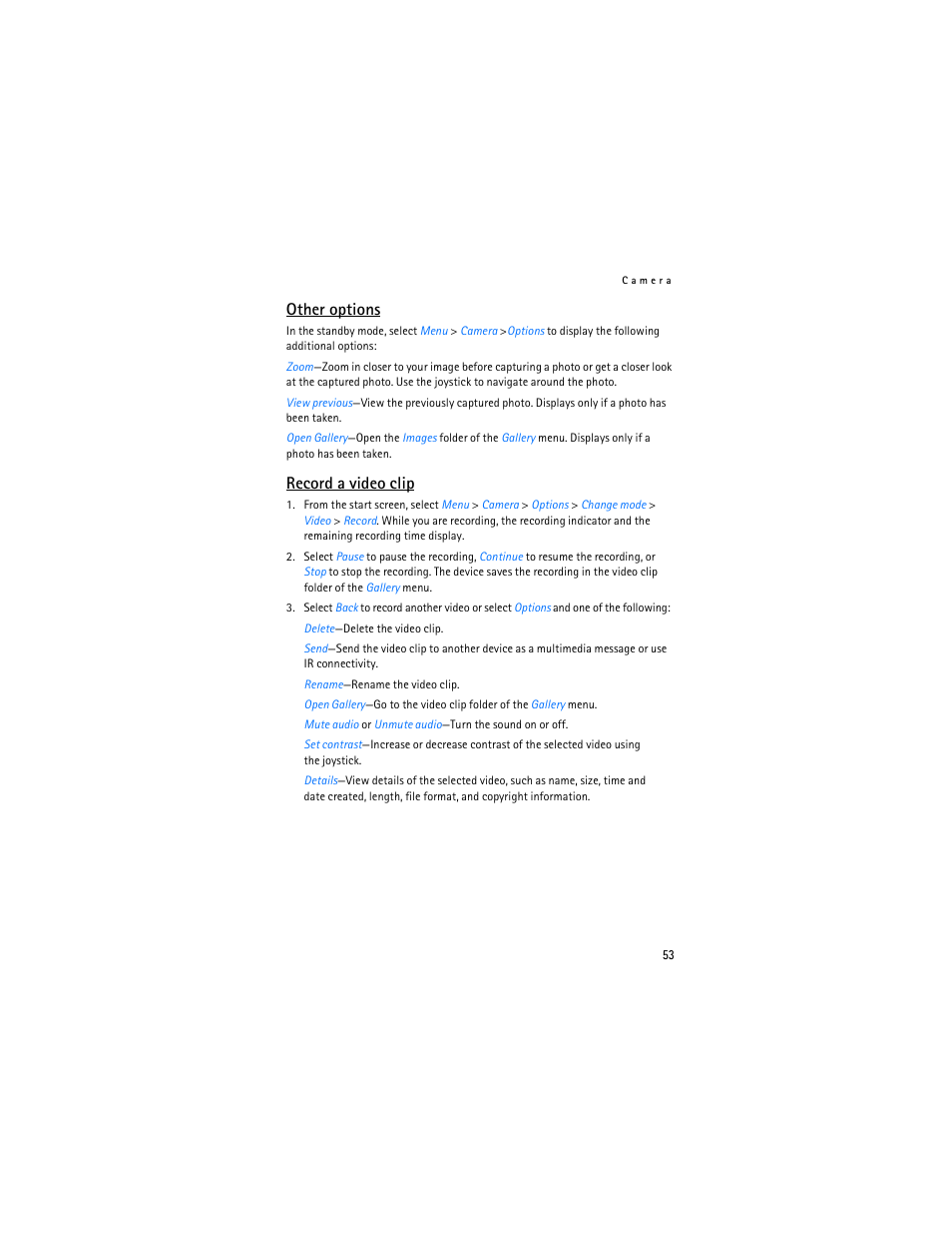 Other options, Record a video clip | Nokia 6236i User Manual | Page 54 / 109