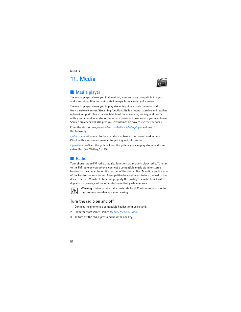 Media, Media player, Radio | Media player radio, Turn the radio on and off | Nokia 6236i User Manual | Page 55 / 109