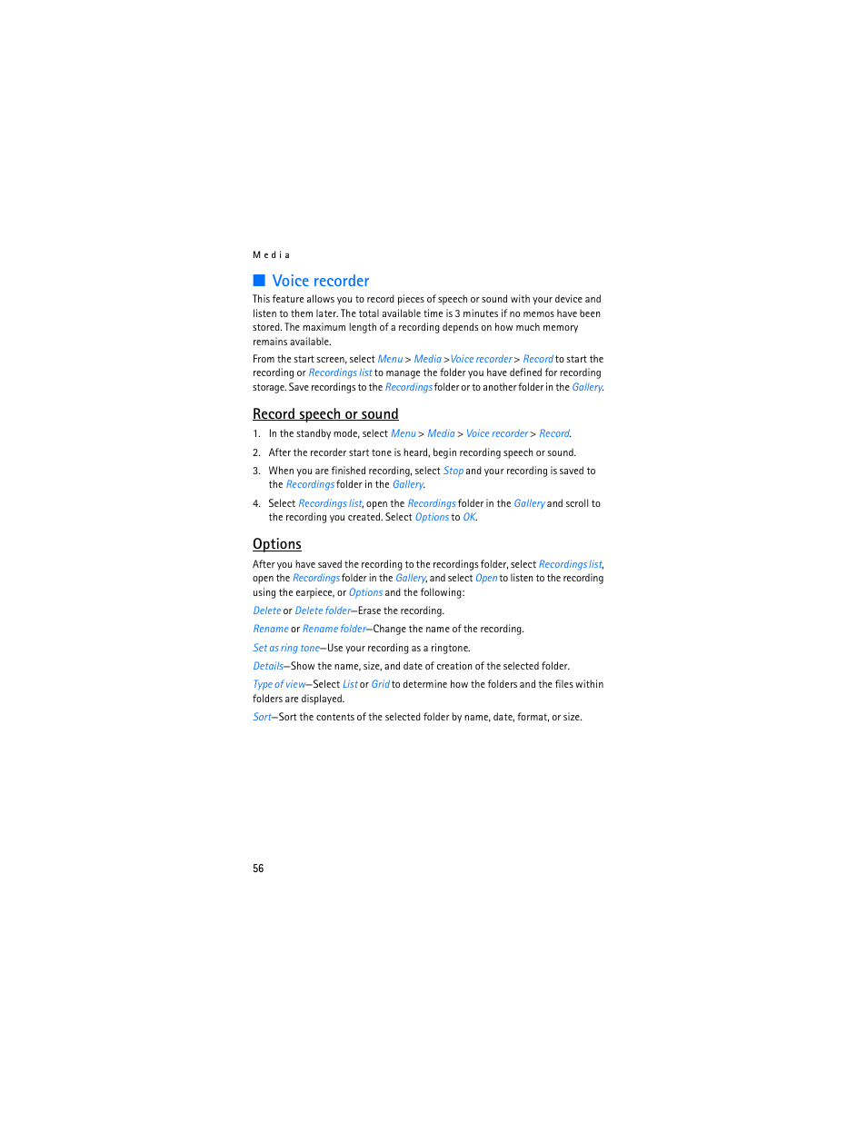 Voice recorder, Record speech or sound, Options | Nokia 6236i User Manual | Page 57 / 109
