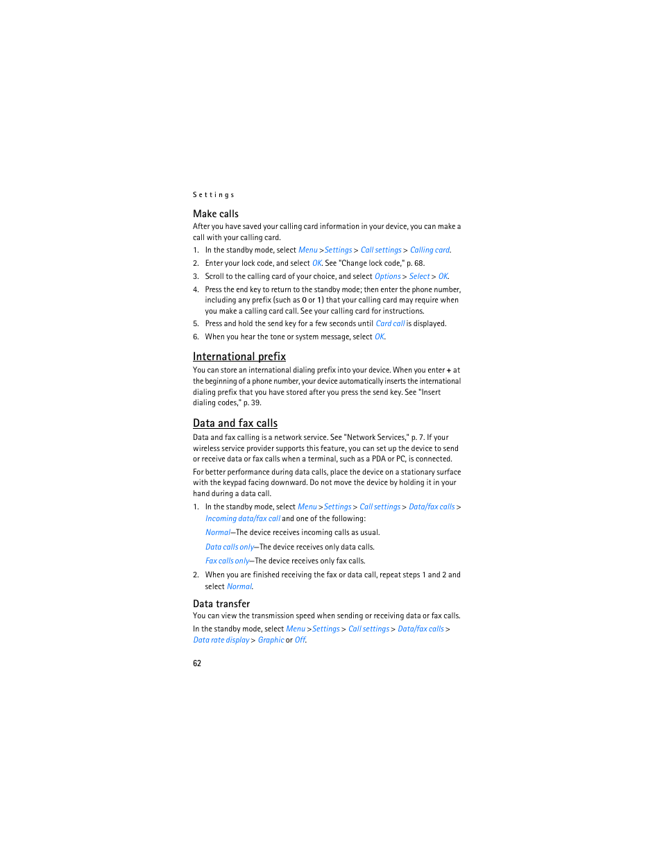 International prefix, Data and fax calls | Nokia 6236i User Manual | Page 63 / 109