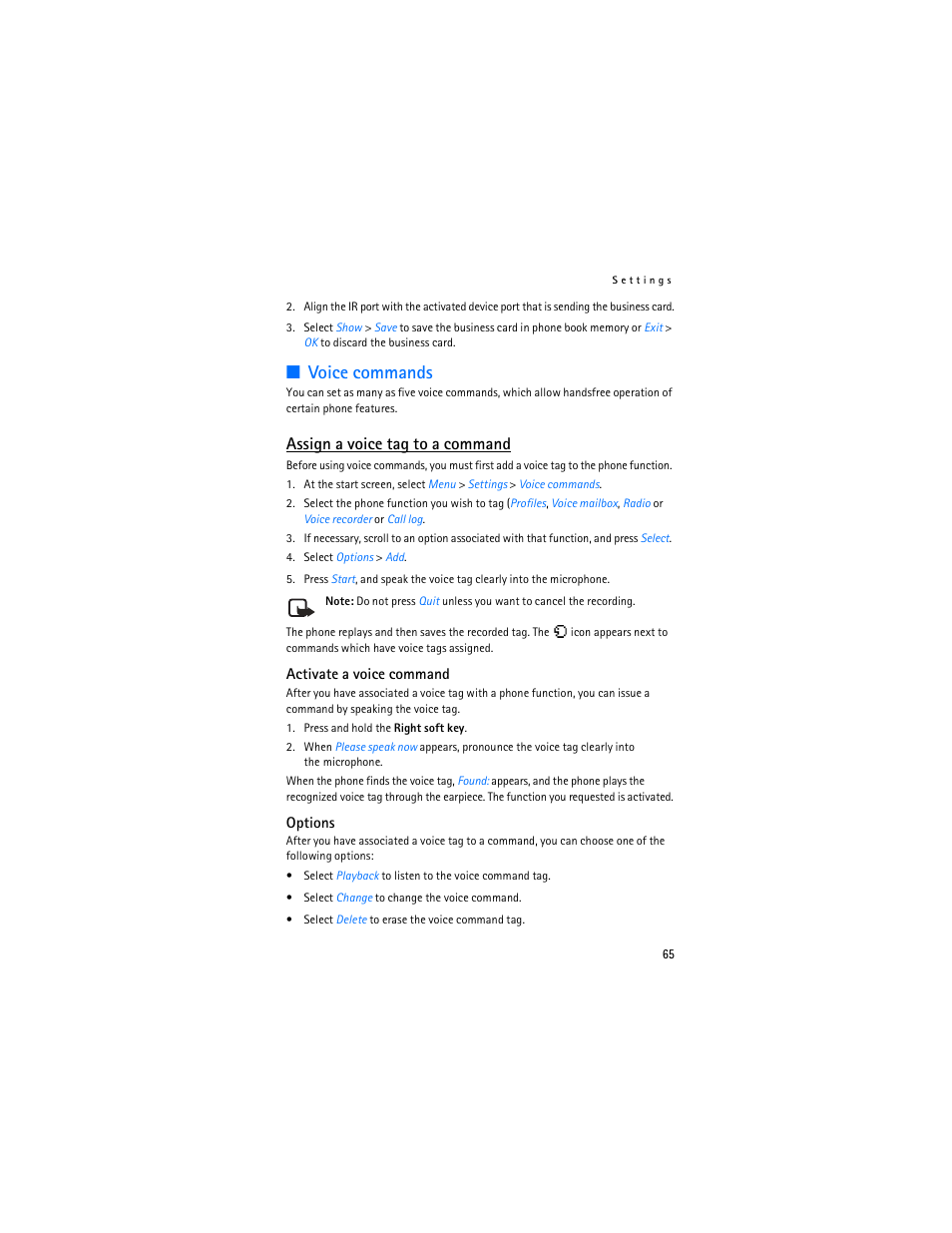 Voice commands, Assign a voice tag to a command | Nokia 6236i User Manual | Page 66 / 109