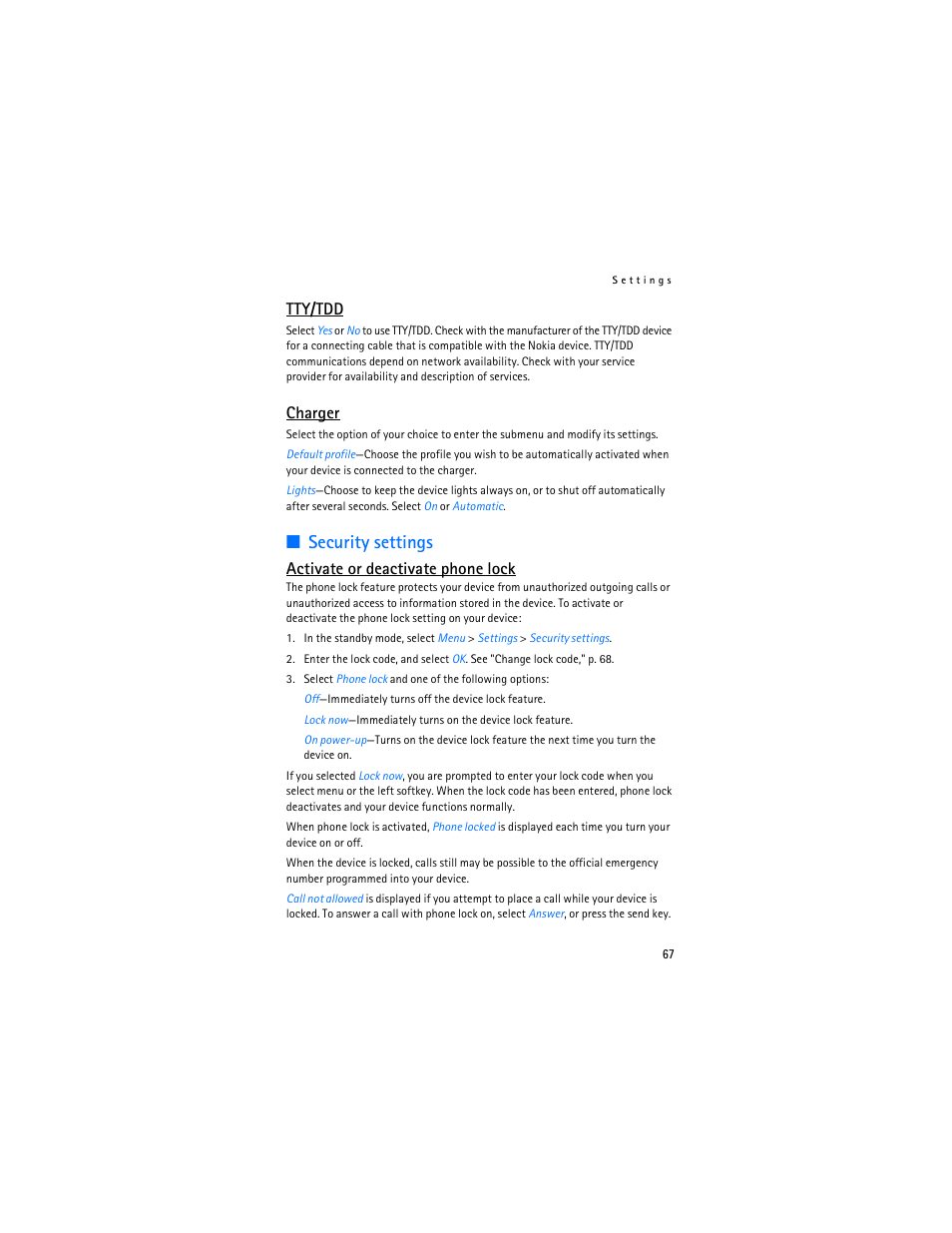 Security settings, Tty/tdd, Charger | Activate or deactivate phone lock | Nokia 6236i User Manual | Page 68 / 109