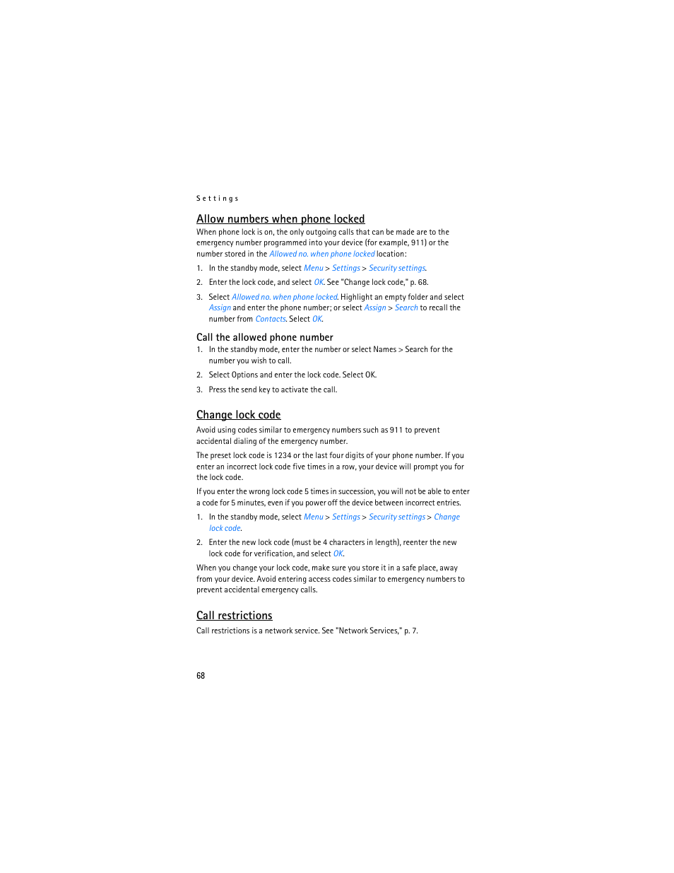 Change lock code, Allow numbers when phone locked, Call restrictions | Nokia 6236i User Manual | Page 69 / 109