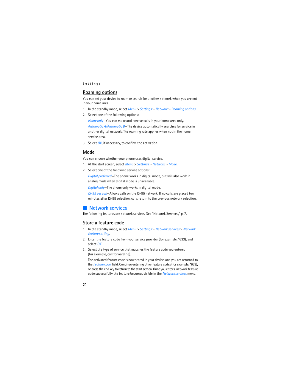 Network services, See "roaming options, Roaming options | Mode, Store a feature code | Nokia 6236i User Manual | Page 71 / 109