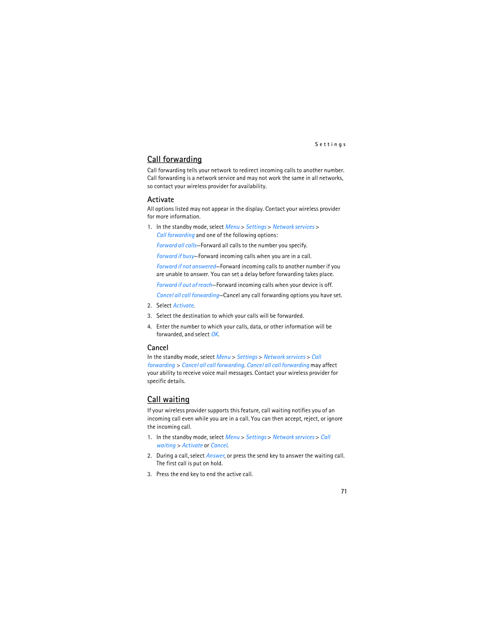 Call forwarding, Call waiting | Nokia 6236i User Manual | Page 72 / 109