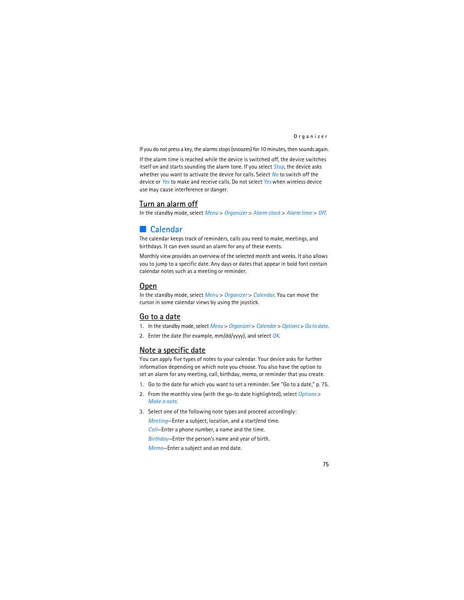 Calendar, Turn an alarm off, Open | Go to a date | Nokia 6236i User Manual | Page 76 / 109