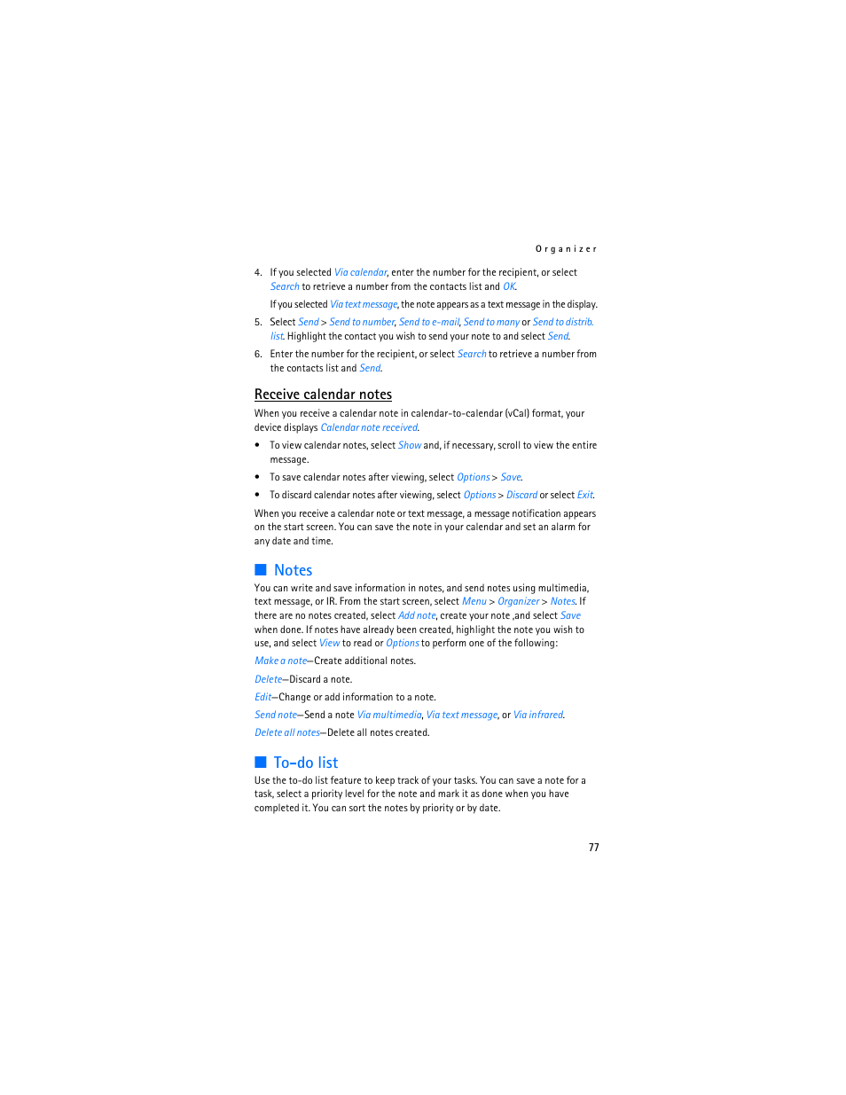Notes, To-do list, Notes to-do list | Nokia 6236i User Manual | Page 78 / 109