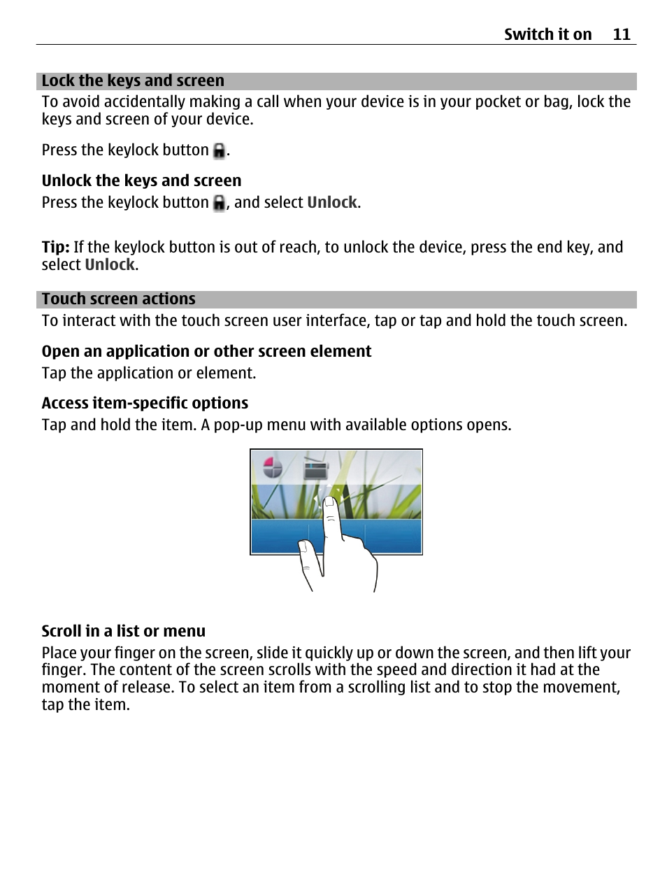 Lock the keys and screen, Touch screen actions | Nokia C3-01 User Manual | Page 11 / 62