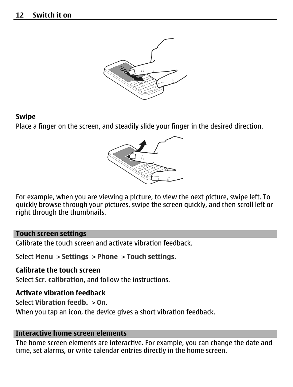 Touch screen settings, Interactive home screen elements | Nokia C3-01 User Manual | Page 12 / 62