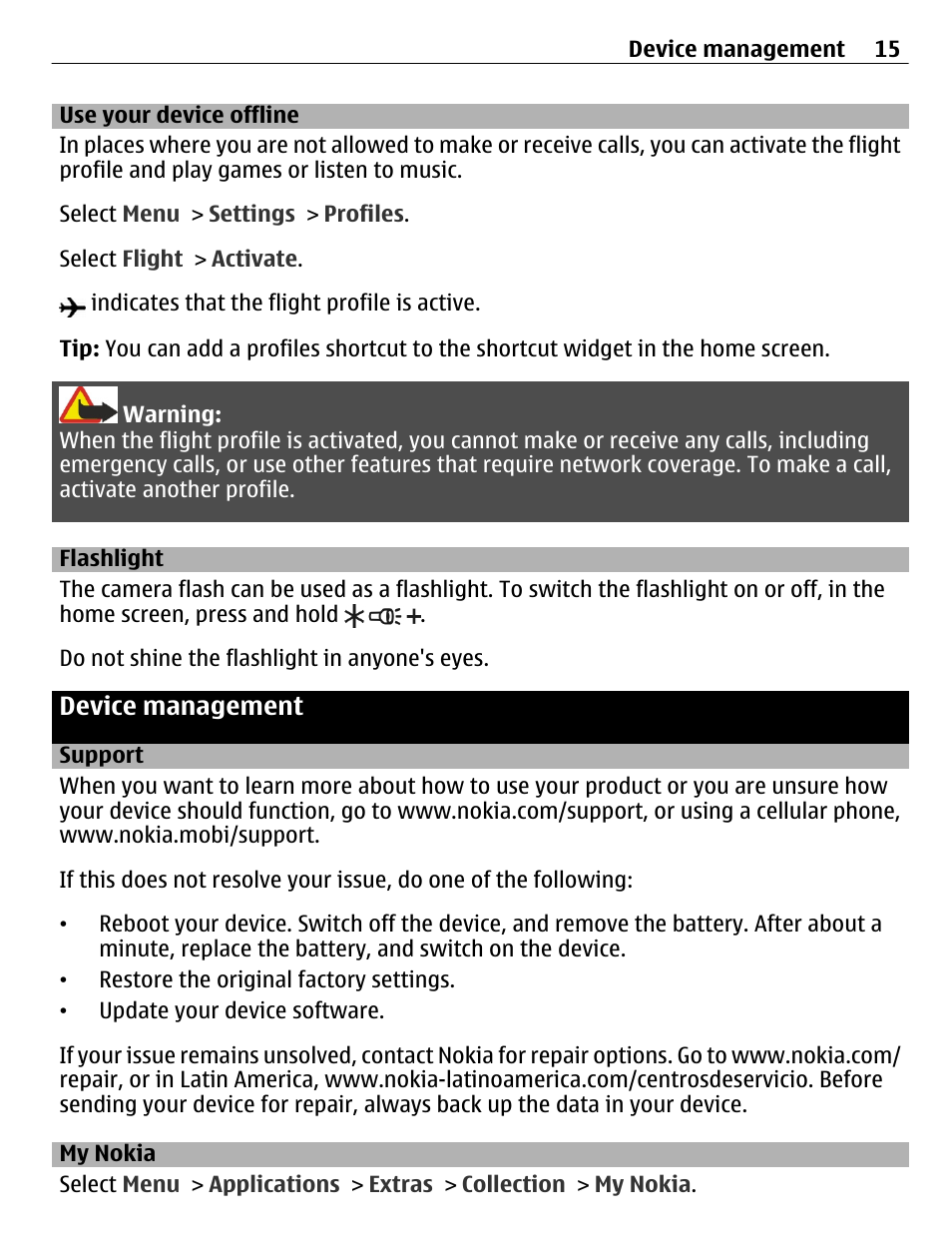 Use your device offline, Flashlight, Device management | Support, My nokia | Nokia C3-01 User Manual | Page 15 / 62