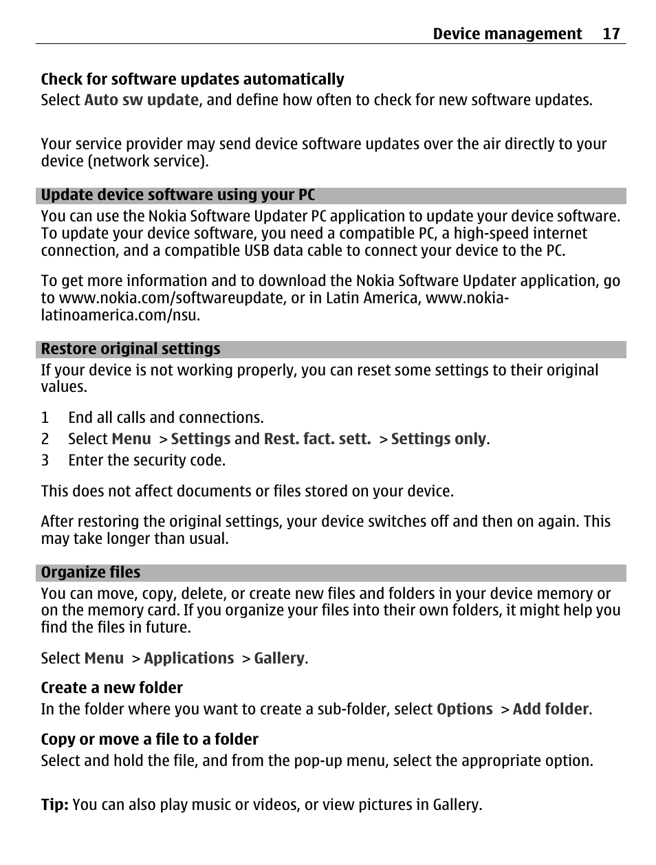 Update device software using your pc, Restore original settings, Organize files | Update device software using your | Nokia C3-01 User Manual | Page 17 / 62