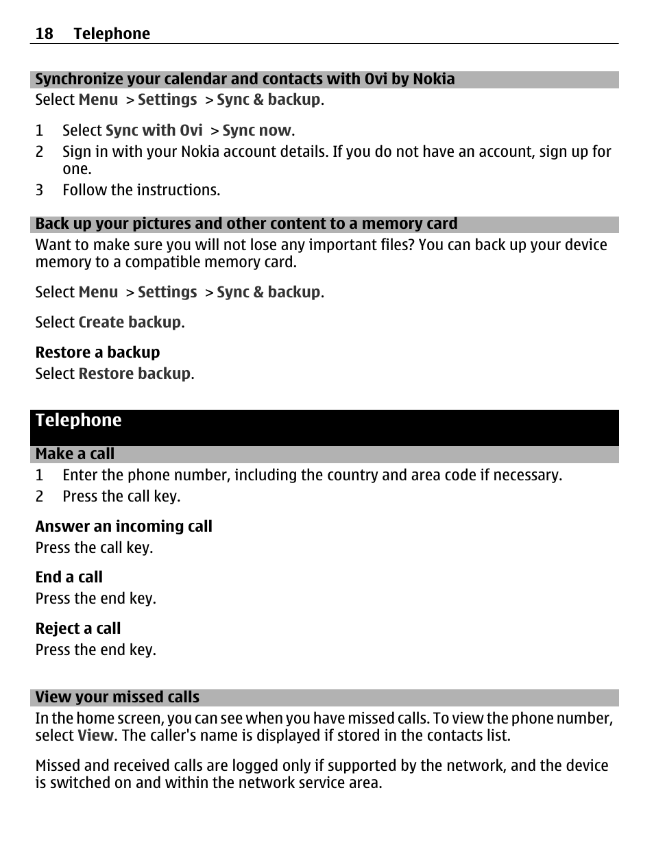 Telephone, Make a call, View your missed calls | Synchronize your calendar and contacts, With ovi by nokia, Back up your pictures and other content, To a memory card | Nokia C3-01 User Manual | Page 18 / 62