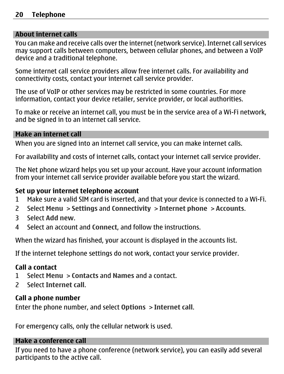 About internet calls, Make an internet call, Make a conference call | Nokia C3-01 User Manual | Page 20 / 62