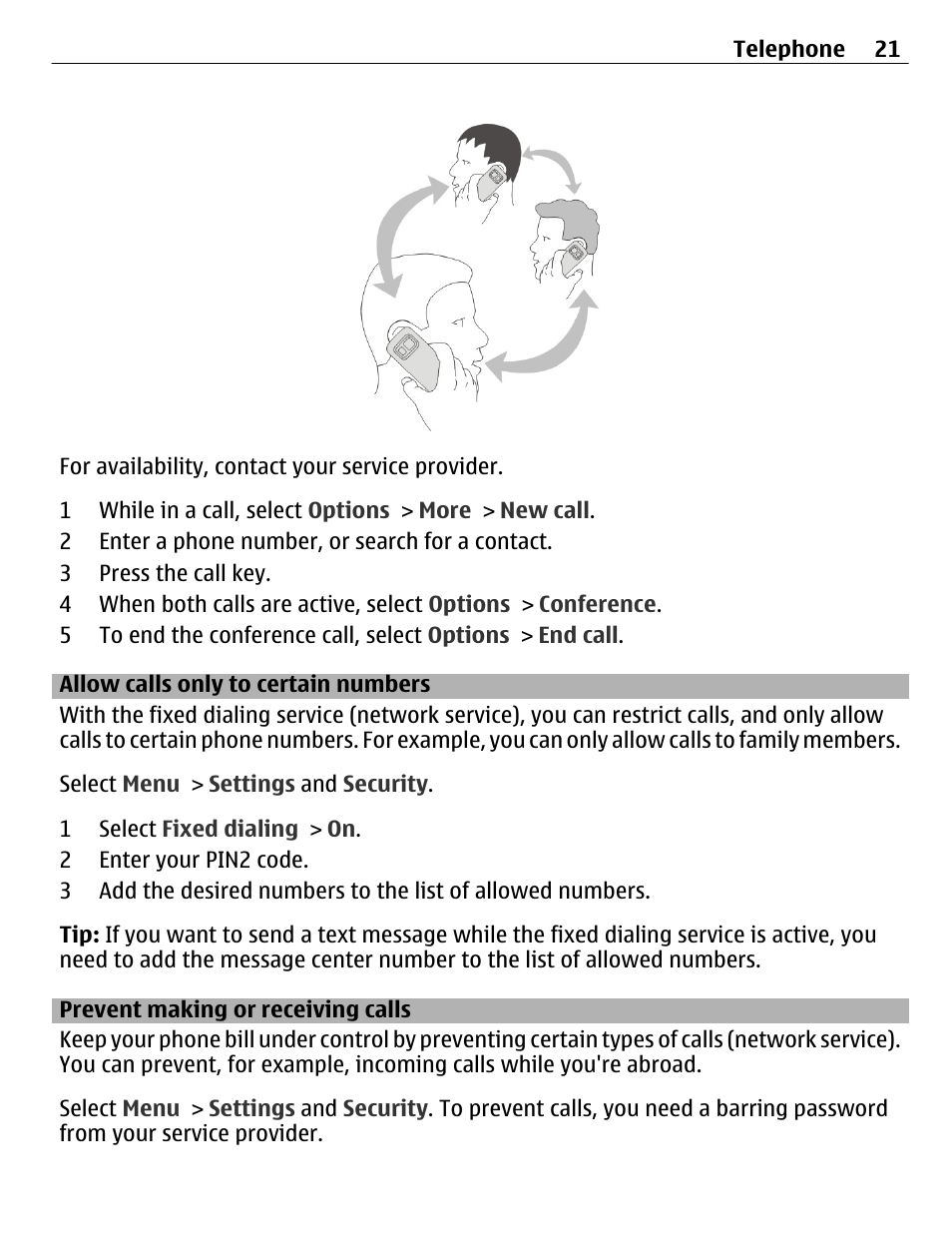 Allow calls only to certain numbers, Prevent making or receiving calls | Nokia C3-01 User Manual | Page 21 / 62