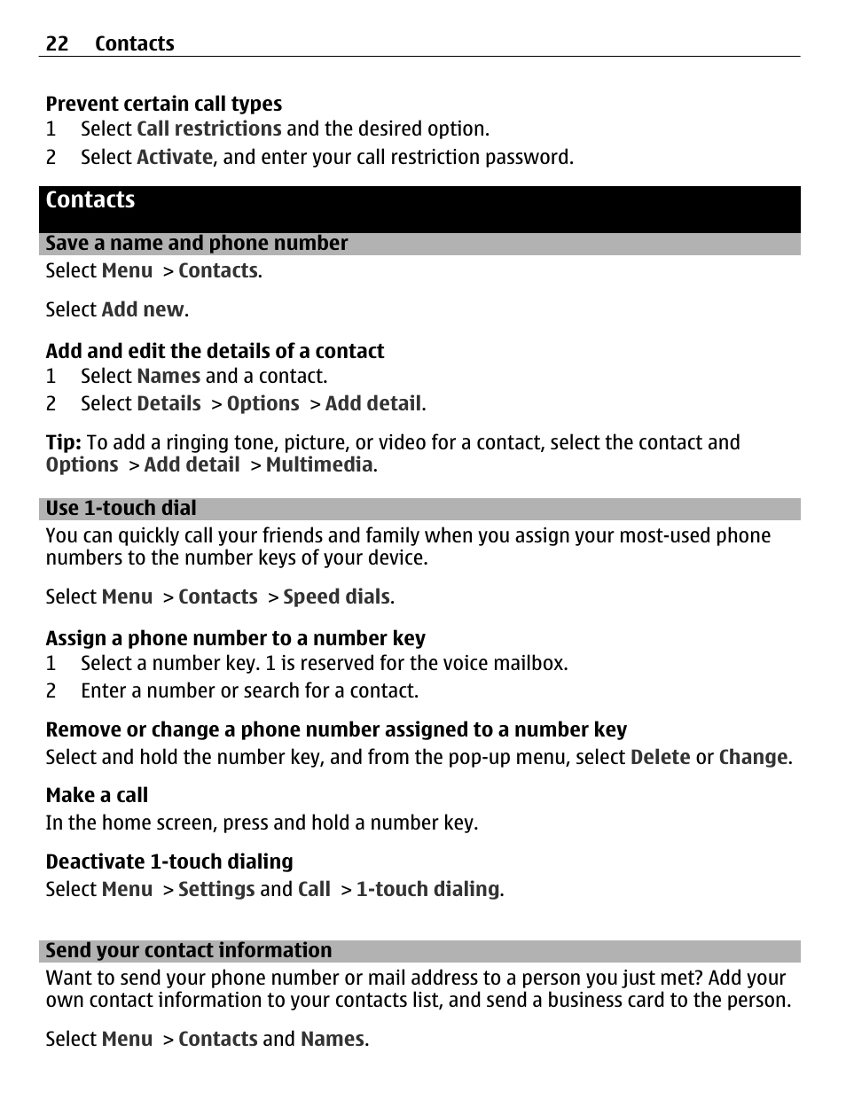 Contacts, Save a name and phone number, Use 1-touch dial | Send your contact information | Nokia C3-01 User Manual | Page 22 / 62
