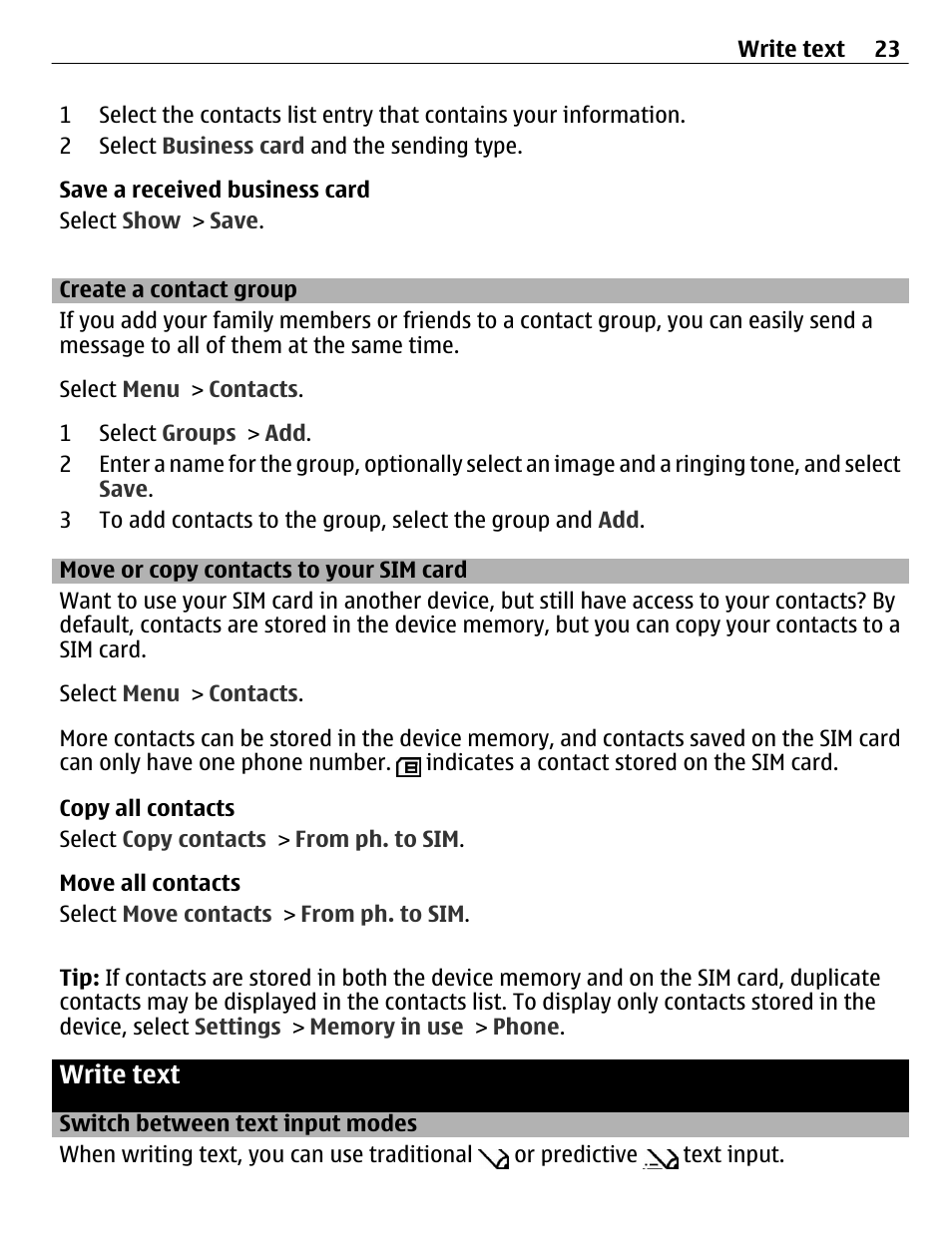 Create a contact group, Move or copy contacts to your sim card, Write text | Switch between text input modes, Move or copy contacts to your sim, Card | Nokia C3-01 User Manual | Page 23 / 62