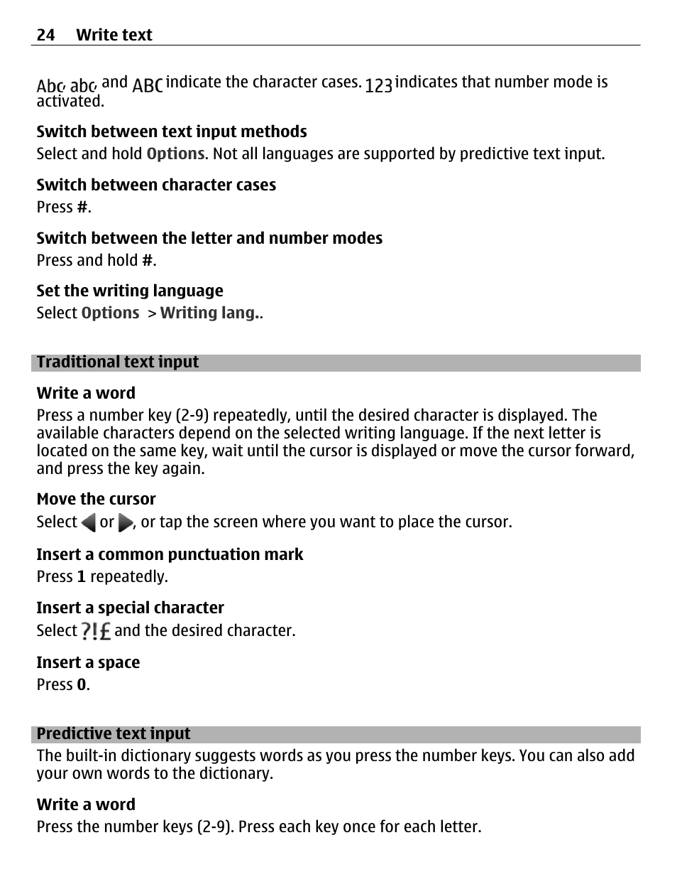 Traditional text input, Predictive text input | Nokia C3-01 User Manual | Page 24 / 62