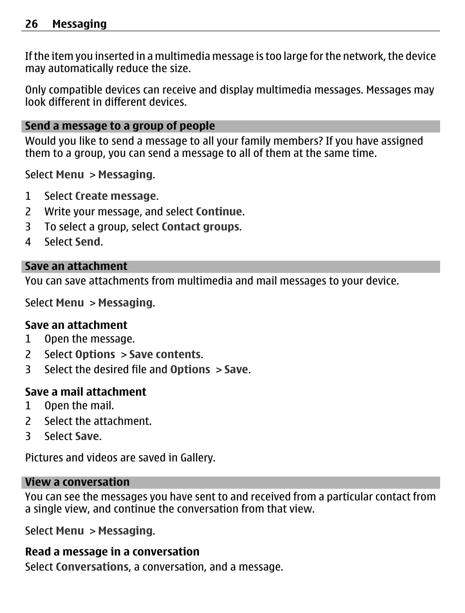 Send a message to a group of people, Save an attachment, View a conversation | Send a message to a group of, People | Nokia C3-01 User Manual | Page 26 / 62