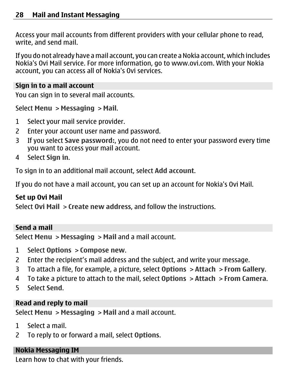 Sign in to a mail account, Send a mail, Read and reply to mail | Nokia messaging im | Nokia C3-01 User Manual | Page 28 / 62