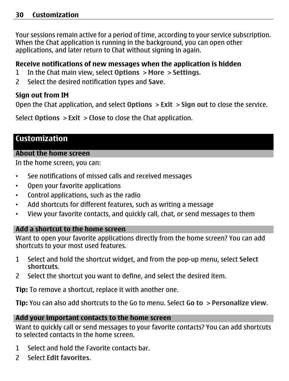 Customization, About the home screen, Add a shortcut to the home screen | Add your important contacts to the home screen, Add your important contacts to the, Home screen | Nokia C3-01 User Manual | Page 30 / 62