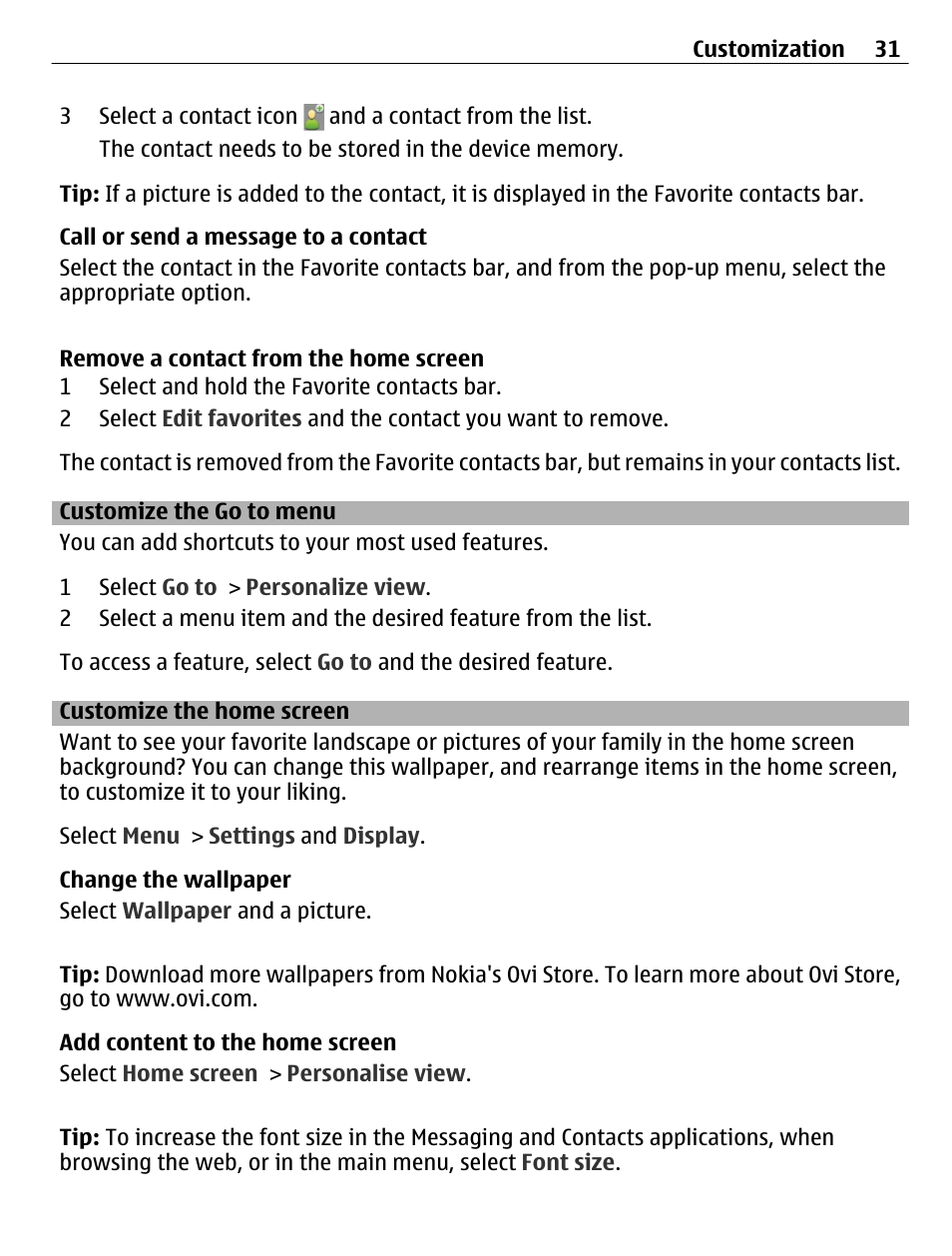 Customize the go to menu, Customize the home screen | Nokia C3-01 User Manual | Page 31 / 62