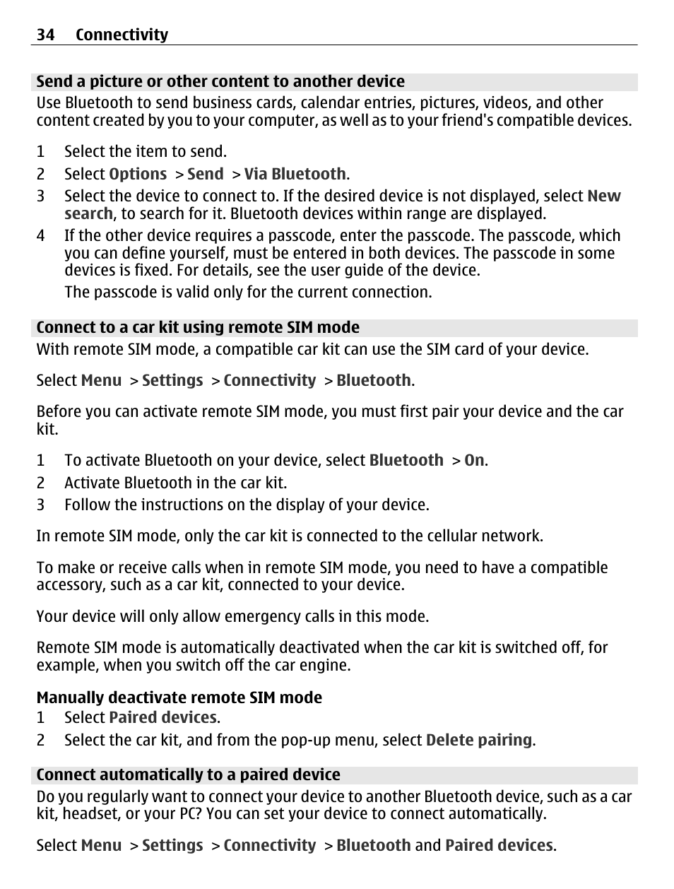 Send a picture or other content to another device, Connect to a car kit using remote sim mode, Connect automatically to a paired device | Nokia C3-01 User Manual | Page 34 / 62