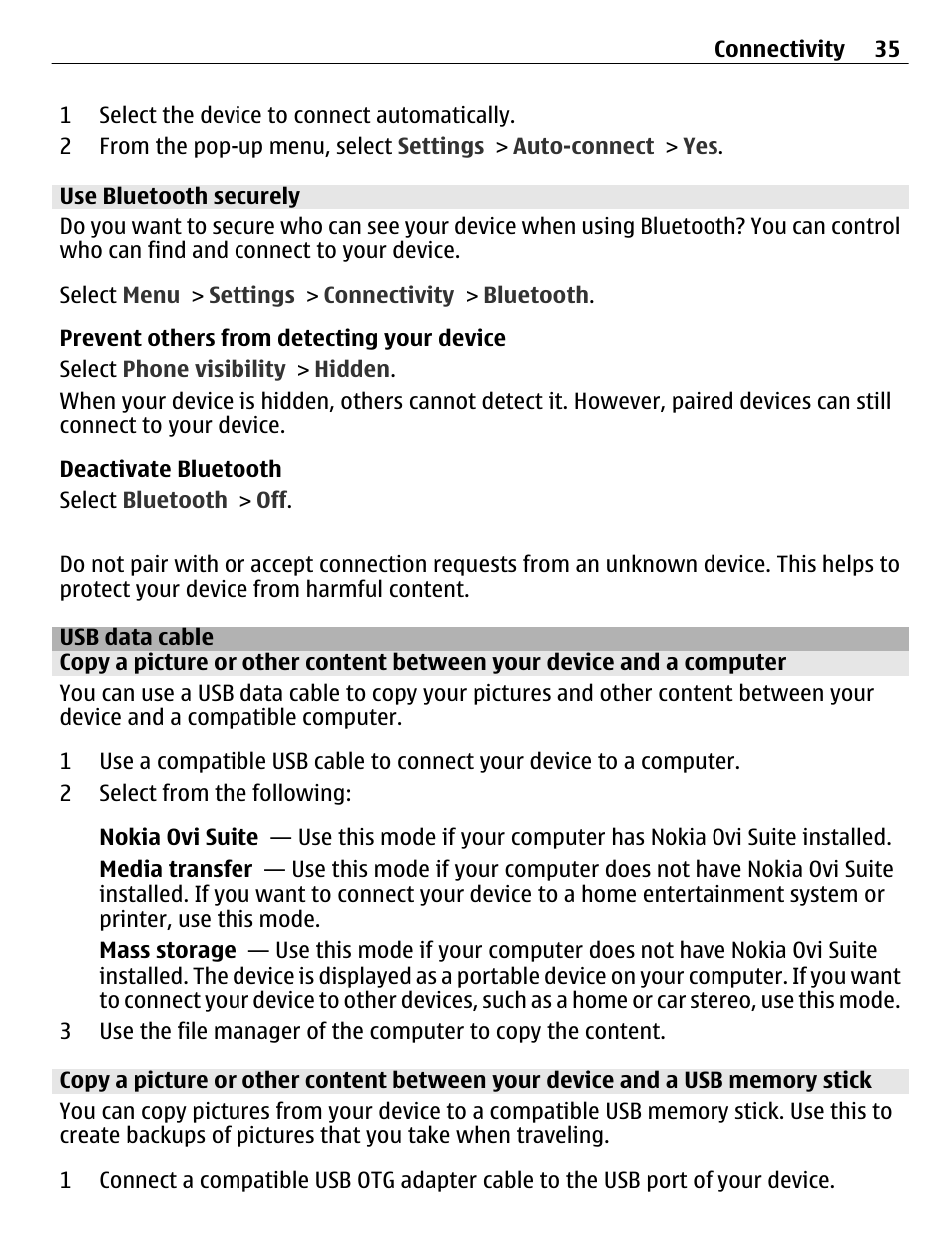 Use bluetooth securely, Usb data cable | Nokia C3-01 User Manual | Page 35 / 62