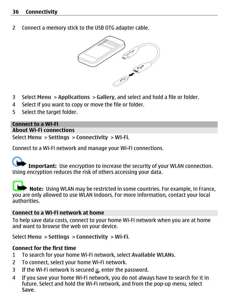 Connect to a wi-fi, About wi-fi connections, Connect to a wi-fi network at home | Nokia C3-01 User Manual | Page 36 / 62