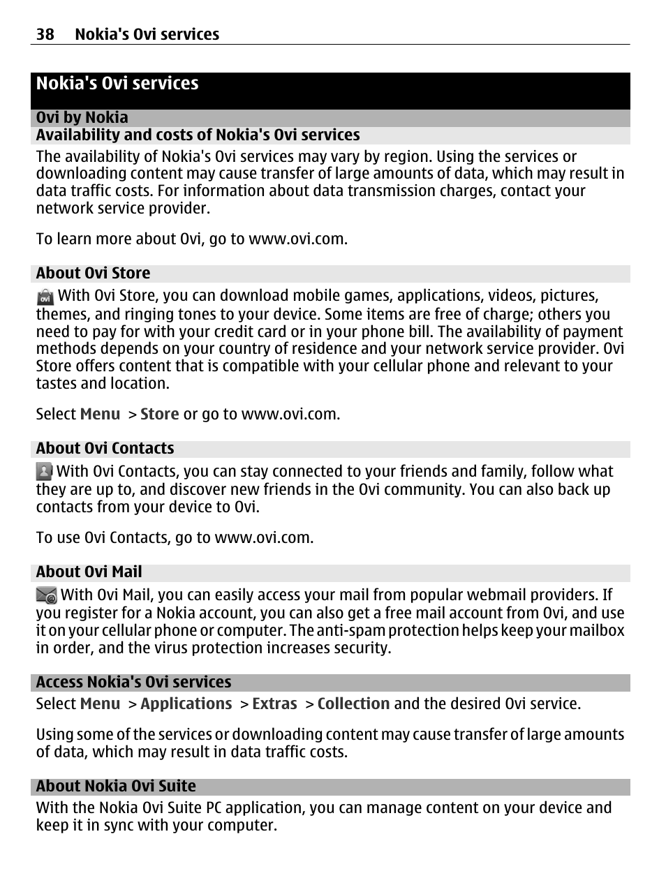 Nokia's ovi services, Ovi by nokia, Availability and costs of nokia's ovi services | About ovi store, About ovi contacts, About ovi mail, Access nokia's ovi services, About nokia ovi suite | Nokia C3-01 User Manual | Page 38 / 62