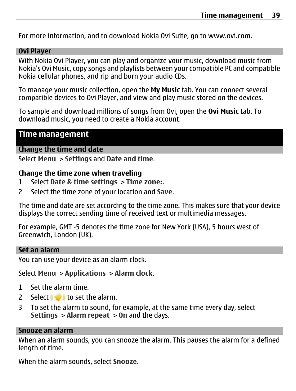 Ovi player, Time management, Change the time and date | Set an alarm, Snooze an alarm | Nokia C3-01 User Manual | Page 39 / 62