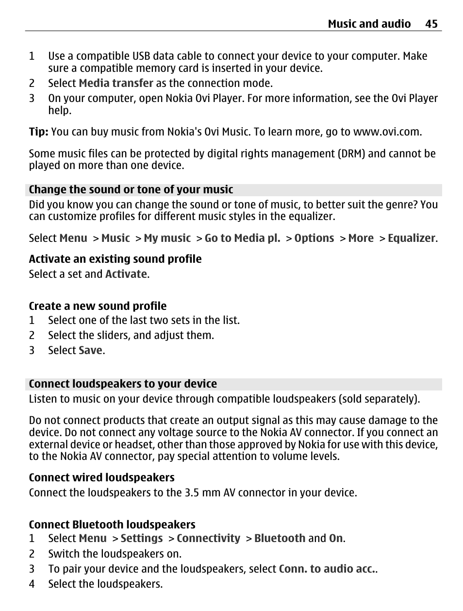 Change the sound or tone of your music, Connect loudspeakers to your device | Nokia C3-01 User Manual | Page 45 / 62