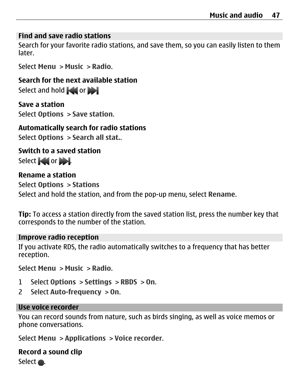 Find and save radio stations, Improve radio reception, Use voice recorder | Nokia C3-01 User Manual | Page 47 / 62