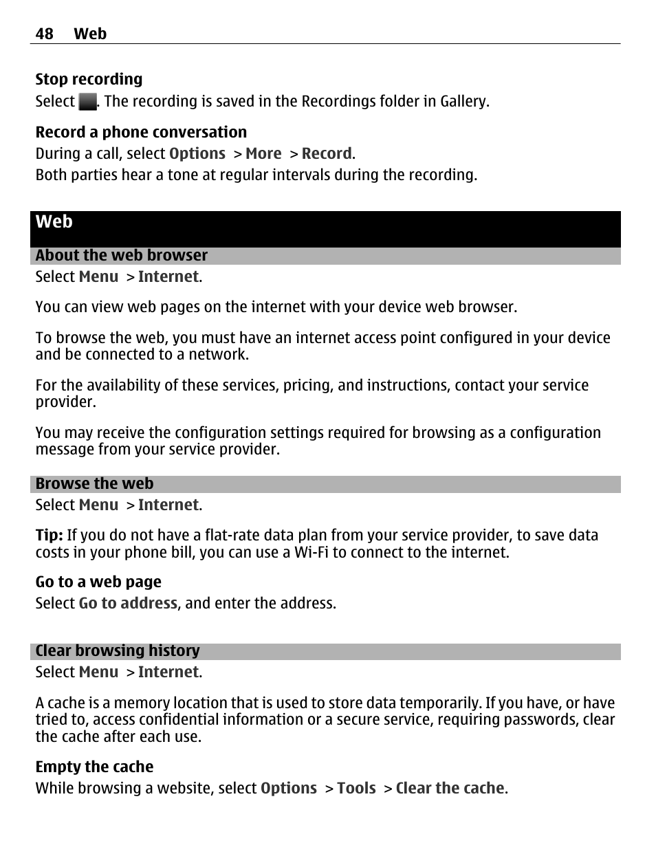 About the web browser, Browse the web, Clear browsing history | Web 48 | Nokia C3-01 User Manual | Page 48 / 62