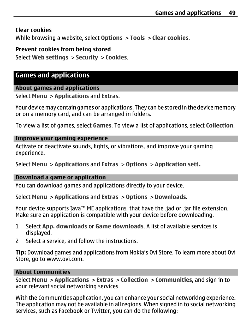 Games and applications, About games and applications, Improve your gaming experience | Download a game or application, About communities | Nokia C3-01 User Manual | Page 49 / 62