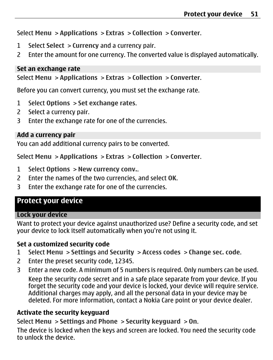 Set an exchange rate, Add a currency pair, Protect your device | Lock your device | Nokia C3-01 User Manual | Page 51 / 62