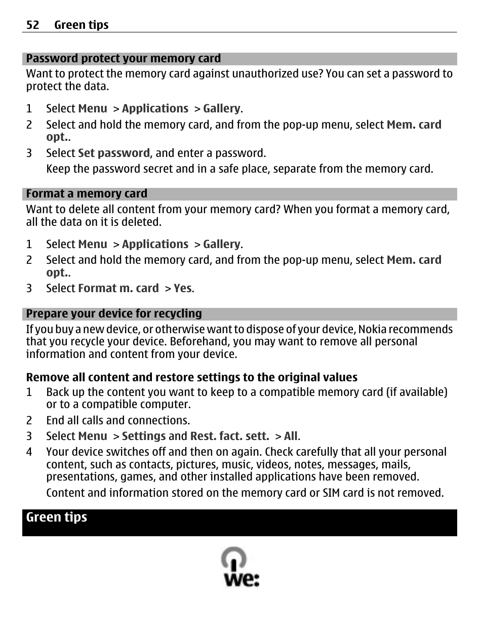 Password protect your memory card, Format a memory card, Prepare your device for recycling | Green tips, Password protect your memory, Card | Nokia C3-01 User Manual | Page 52 / 62