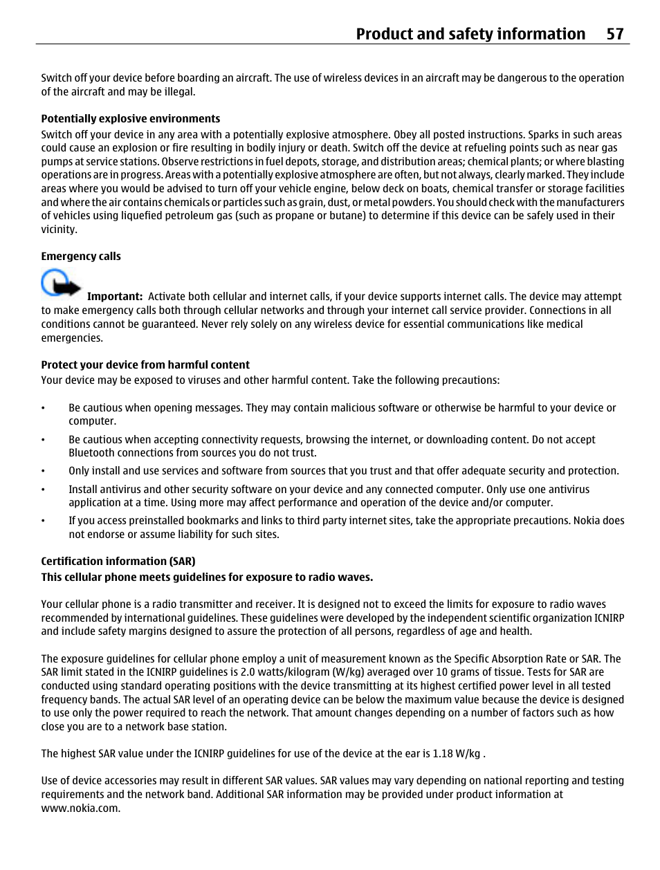 Potentially explosive environments, Emergency calls, Protect your device from harmful content | Certification information (sar), Product and safety information 57 | Nokia C3-01 User Manual | Page 57 / 62